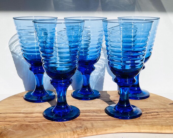 Libbey Ribbed Glassware 5 Vintage Libbey Cobalt Blue Ringed Ribbed Stemmed Water Glasses ...