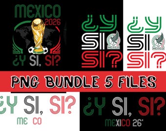 Può includere: Un pacchetto di grafica digitale con cinque design che riportano il testo MEXICO 2026 e ¿Y SI, SI? in verde, bianco e rosso. I motivi includono un trofeo dorato, palloni da calcio e lo stemma del Messico su sfondi neri e bianchi.