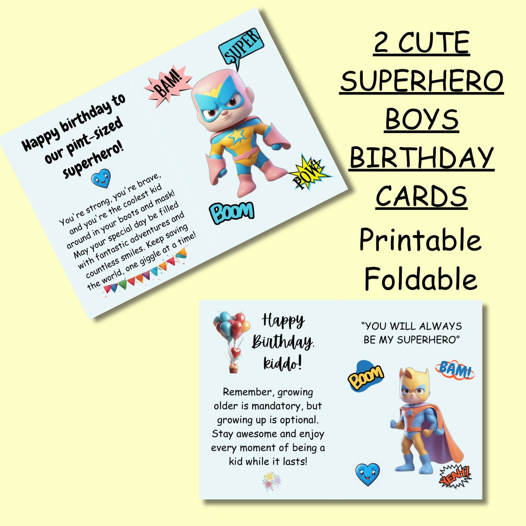 2 Superhero Birthday Card Printable for Boys, Foldable Kids Happy ...