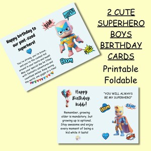 男の子向けの印刷可能なスーパーヒーローの誕生日カード 2 枚、折り畳み可能なメッセージ付き子供用ハッピーバースデーカード、かわいいデジタルデザイン、PDF、即時ダウンロード