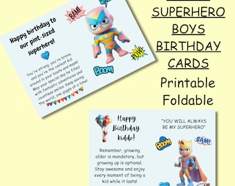 2 Superhero Birthday Card Printable for Boys, Foldable Kids Happy Birthday Cards with Messages, Cute Digital Designs, PDF, Instant Download