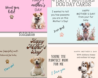 Paket med utskrivbara morsdagskort från The Dog, morsdags-hundmammakort i PDF-format, 4 vikbara söta hundmammakort med meddelanden, direktnedladdning