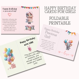女の子向けの魅力的な印刷可能な誕生日カード 3 枚セット - 心温まるメッセージ付き - ハッピーバースデーカード、即時デジタルダウンロード