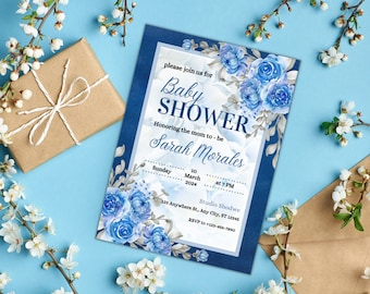 Editable Boy Girl Baby Shower Invitation Online, Blue Printable Baby Shower Invitation, Baby Shower Invite Edit with Canva, Instant Download