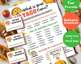 What's Your Taco Name and Nametags, Taco Party Game, Taco Tuesday Name Game, Fun Mexican Fiesta Name Game, Cinco de Mayo, Printable Game