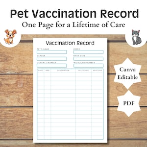 Puede incluir: Plantilla de registro de vacunación para mascotas imprimible con campos para el nombre de la mascota, la raza, el sexo, el número de contacto, la fecha de nacimiento, el número de microchip, la fecha, la edad, la descripción, el veterinario/clínica y la próxima fecha límite. La plantilla está diseñada para un fácil seguimiento de las vacunas de las mascotas.