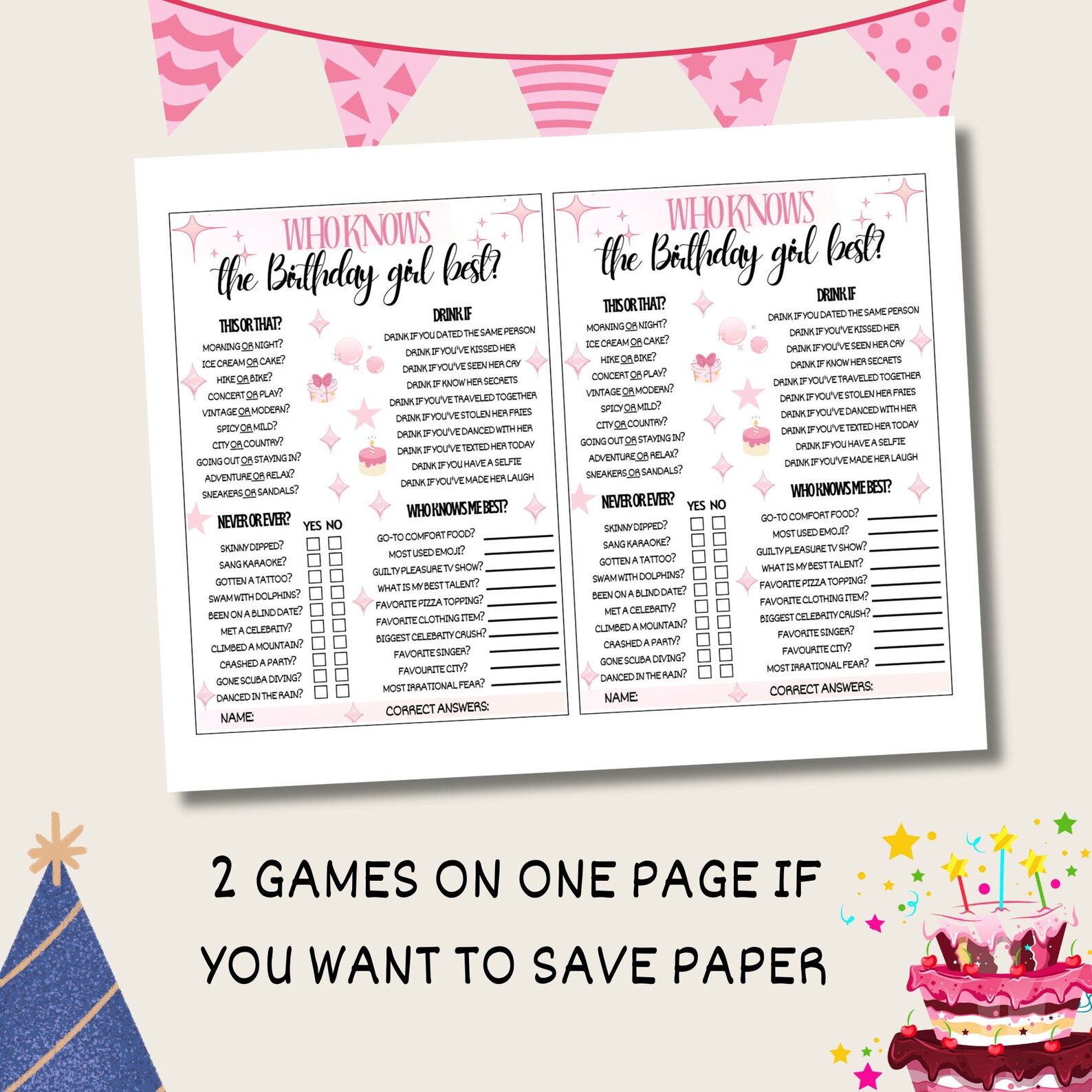 Juego ¿Quién Conoce Mejor A La Cumpleañera? - Incluye Tarjetas De ¿Prefieres? Para Fiestas De Pijamas O Despedidas