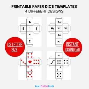 4 Printable Paper Dice Template Bundle, PDF Dice Numbers & Dots, Paper Foldable Cut Out Dice, Digital 6-Sided Dice Template, Kids Coloring