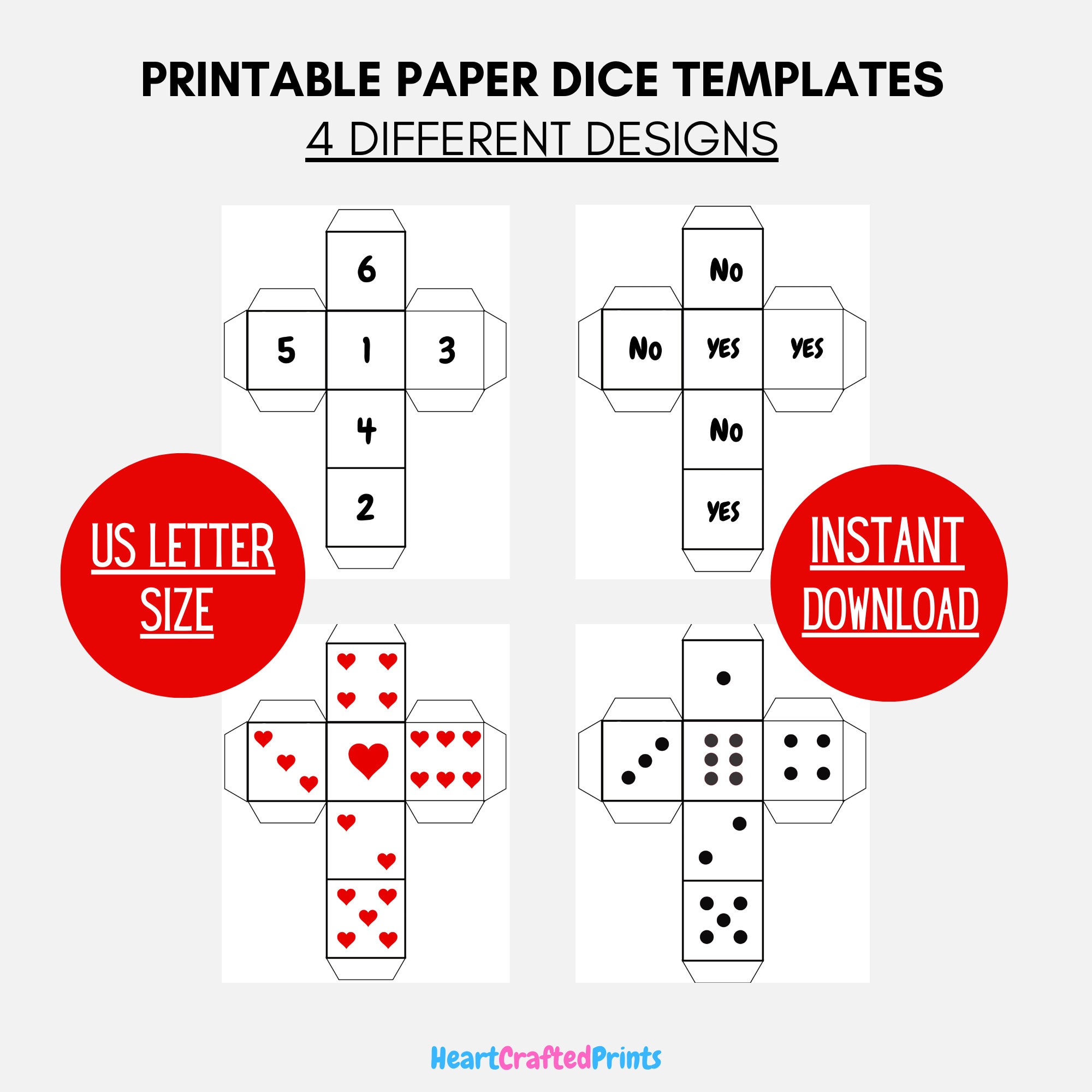 4 Printable Paper Dice Template Bundle, PDF Dice Numbers & Dots, Paper Foldable Cut Out Dice, Digital 6-Sided Dice Template, Kids Coloring