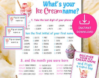 What&#39;s Your Ice Cream Name Game WITH NAMETAGS + SIGN, Ice Cream Party Game, Printable Name Game, Summer Party Activity, Fun Birthday Party