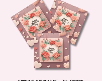 Printable Mothers Day Gift Tags PDF, Happy Mother Day Heart Gift Tags, Gift Tags for Mom, Red Gift Tag, Pink Gift Tag, Flowers Gift Tag