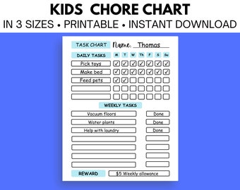 May include: A printable chore chart for kids with a blue and white color scheme. The chart includes a section for daily tasks with checkboxes for each day of the week, a section for weekly tasks with a "Done" box, and a reward section with a $5 weekly allowance.
