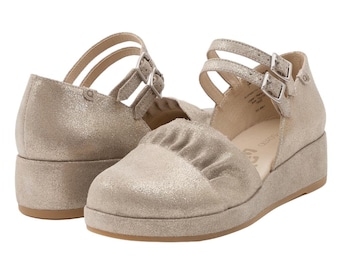 Elizabeth: Ruffle Mary Jane Wedge, Shimmer Suede Double Adjustable Straps Shoe