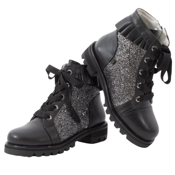 Brooke boot: Leather Glitter Lug Sole Boot, Ruffle Detail, Side Zip