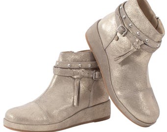 Katherine Bootie: Shimmer Suede Wedge Heel Ankle Boots with Removable Strap