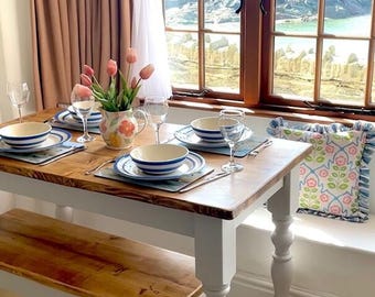 Conjunto de mesa y banco estrechos de estilo rústico: muebles de comedor de madera maciza hechos a mano