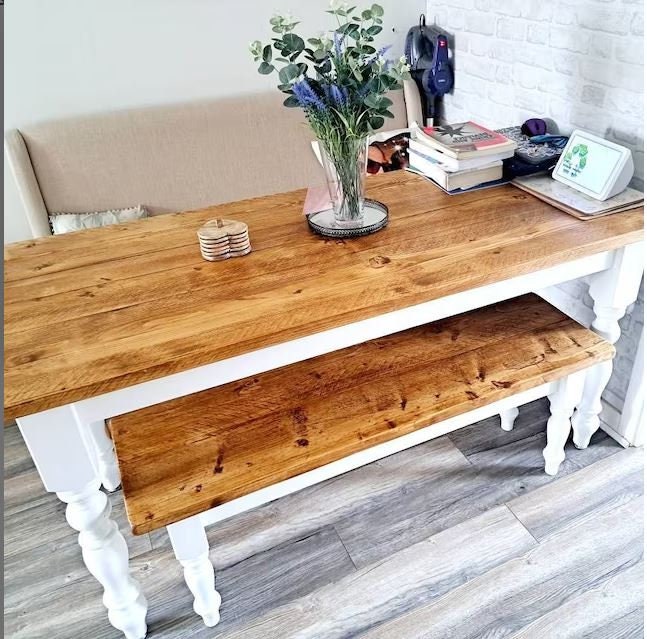 Narrow Farmhouse Table and Bench Set - Handcrafted Solid Wood Dining ...