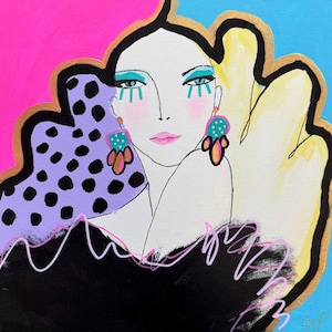 abstract portrait, mixed media painting, fashion portrait, whimsical portrait, whimsical art, original art, mixed media face, female art