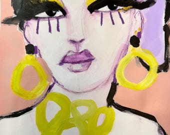 Neon Empress Portrait, Original Mixed Media Painting, Fashion Wall Art