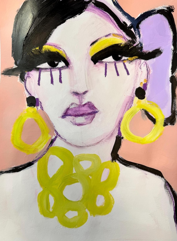 Neon Empress Portrait, Original Mixed Media Painting, Fashion Wall Art