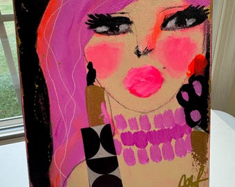 Abstract Portrait Painting, Colorful Mixed Media Art, Roxanne