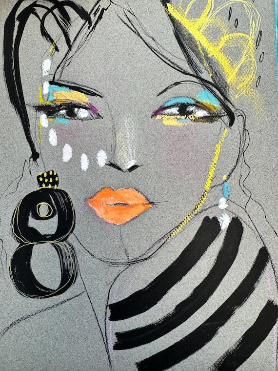 Original Mixed Media Portrait, Simone, Gray Paper, Fashion Illustration, 9x12