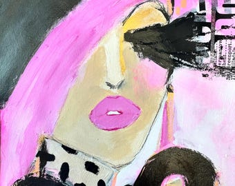 Cherry Pop Art Portrait, Graffiti Fashion Illustration, 9x12 Original