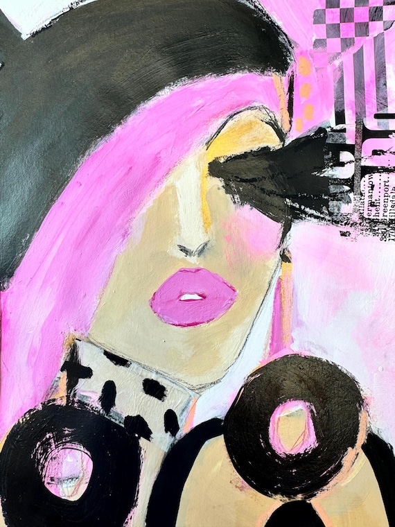 Cherry Pop Art Portrait, Graffiti Fashion Illustration, 9x12 Original