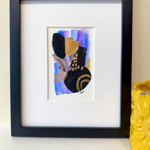 Small Abstract Watercolor Painting: Indigo, Violet, and Gold Art