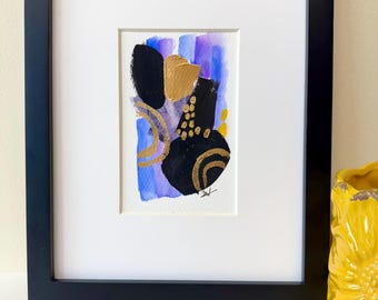 Small Abstract Watercolor Painting: Indigo, Violet, and Gold Art