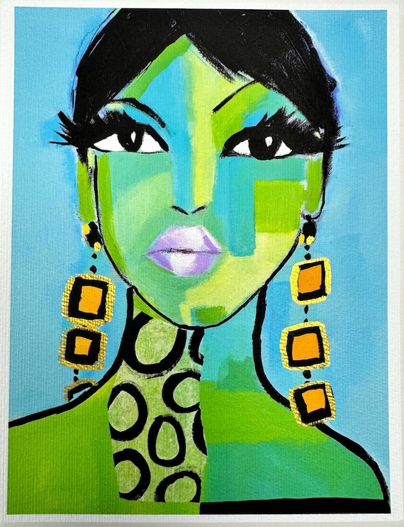 Goddess Emerald Lagoon Portrait Print, Abstract Face Giclee Art (8.5"x11")
