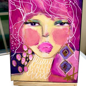 abstract portrait, mixed media painting, abstract face, mixed media portrait, original art, colorful art, pink painting, female portrait