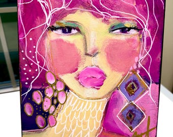 Whimsical Lady in Pink, Original Mixed Media Portrait, Colorful Expressionist Art