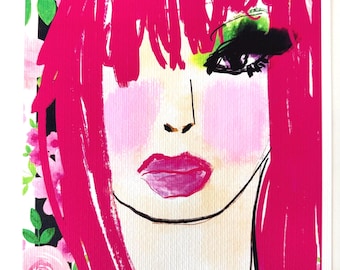 Pink Hair Flirt: Mixed Media Fashion Illustration Giclée Print (8.5x11)