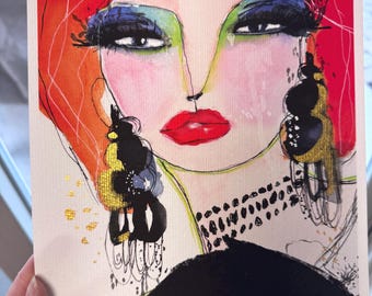 Vivienne Noir Portrait Art Print, Elegant Woman with Red Hair, Giclée Print