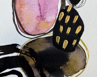 Original Watercolor Abstract Art: Rosy Amethyst, Black & Gold (4x6)