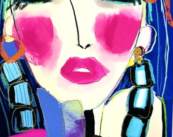 Abstract Portrait Giclee Print: Hand Embellished Mixed Media Wall Art