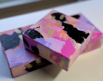 Original Abstract Acrylic Painting Set: Pink Rock Candy, 4x4 Small Artwork