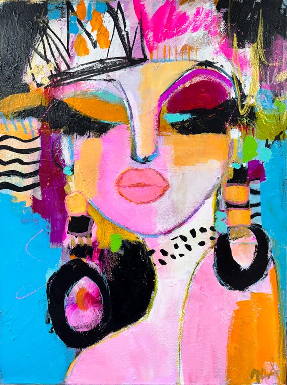 Original Mixed Media Portrait Painting, "The Electric Sea Goddess" Abstract Goddess Art