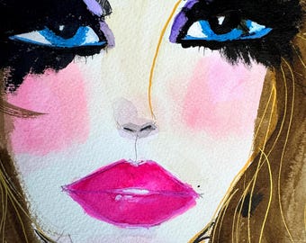 Glam Rock Fashion Illustration, Expressive Mixed Media Portrait