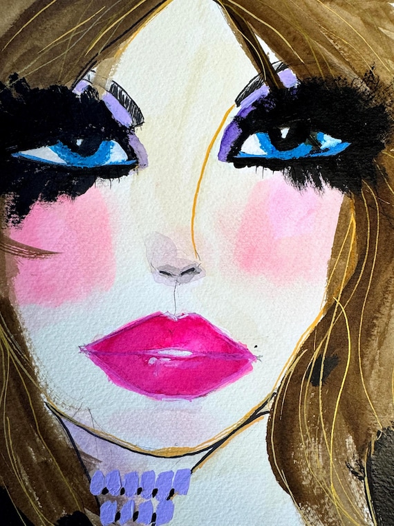 Glam Rock Fashion Illustration, Expressive Mixed Media Portrait