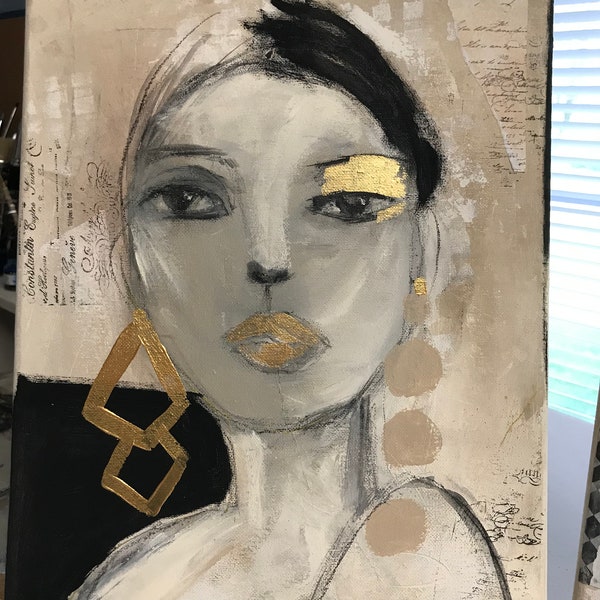 abstract portrait, mixed media portrait, beige and black artwork, original painting, figurative art, painting on canvas, woman portrait