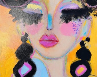 Original Mixed Media Portrait Painting, Colorful Whimsical Artwork, 11"x14"