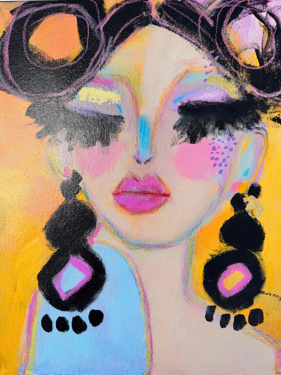 Original Mixed Media Portrait Painting, Colorful Whimsical Artwork, 11"x14"