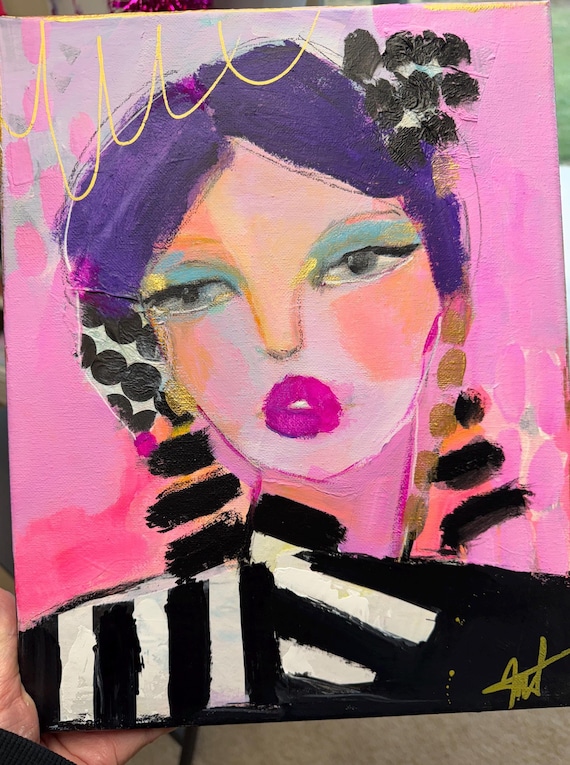 Abstract Portrait Painting: Mixed Media Face on Canvas (11x14)