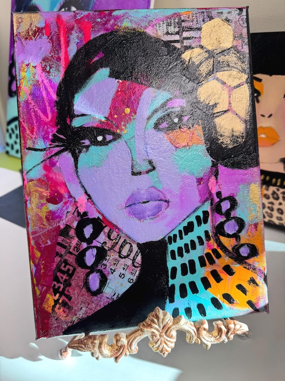 Original Mixed Media Portrait Painting, Urban Pop Art Face, 9x12 Canvas