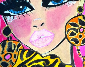 Diva Doll Mixed Media Painting: Glam Y2K Fashion Illustration