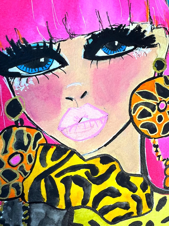 Diva Doll Mixed Media Painting: Glam Y2K Fashion Illustration