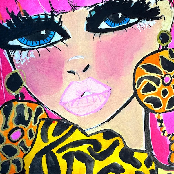 Diva Doll Mixed Media Painting: Glam Y2K Fashion Illustration