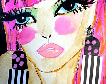 Original Mixed Media Pop Art Portrait: Neon Pink 80s Fashion Illustration